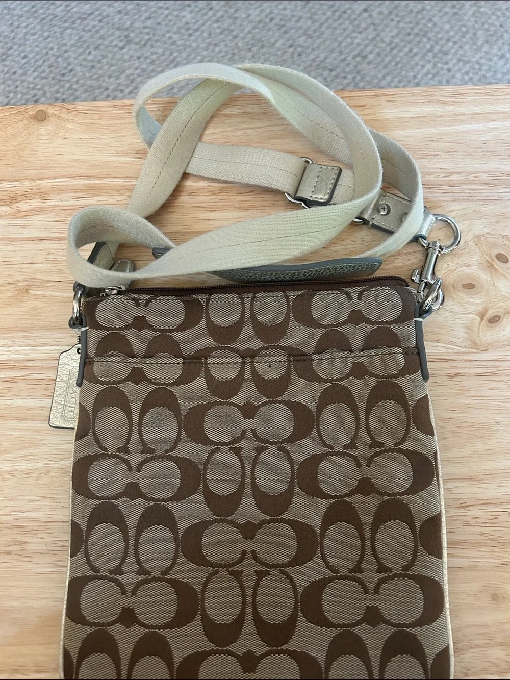 Coach Brown Signature Crossbody with Metallic Gold Stripe